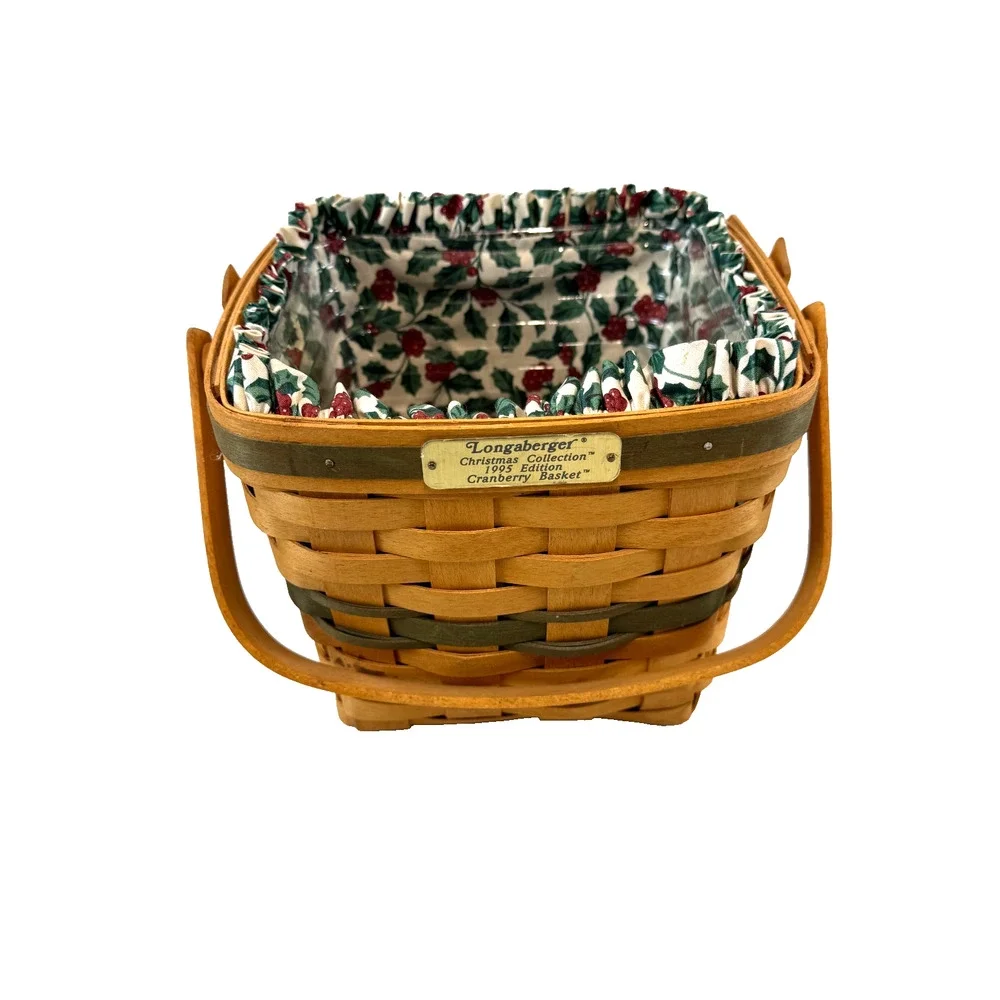 1995 Longaberger Christmas Collection Cranberry Basket w/Holly Liner & Protector